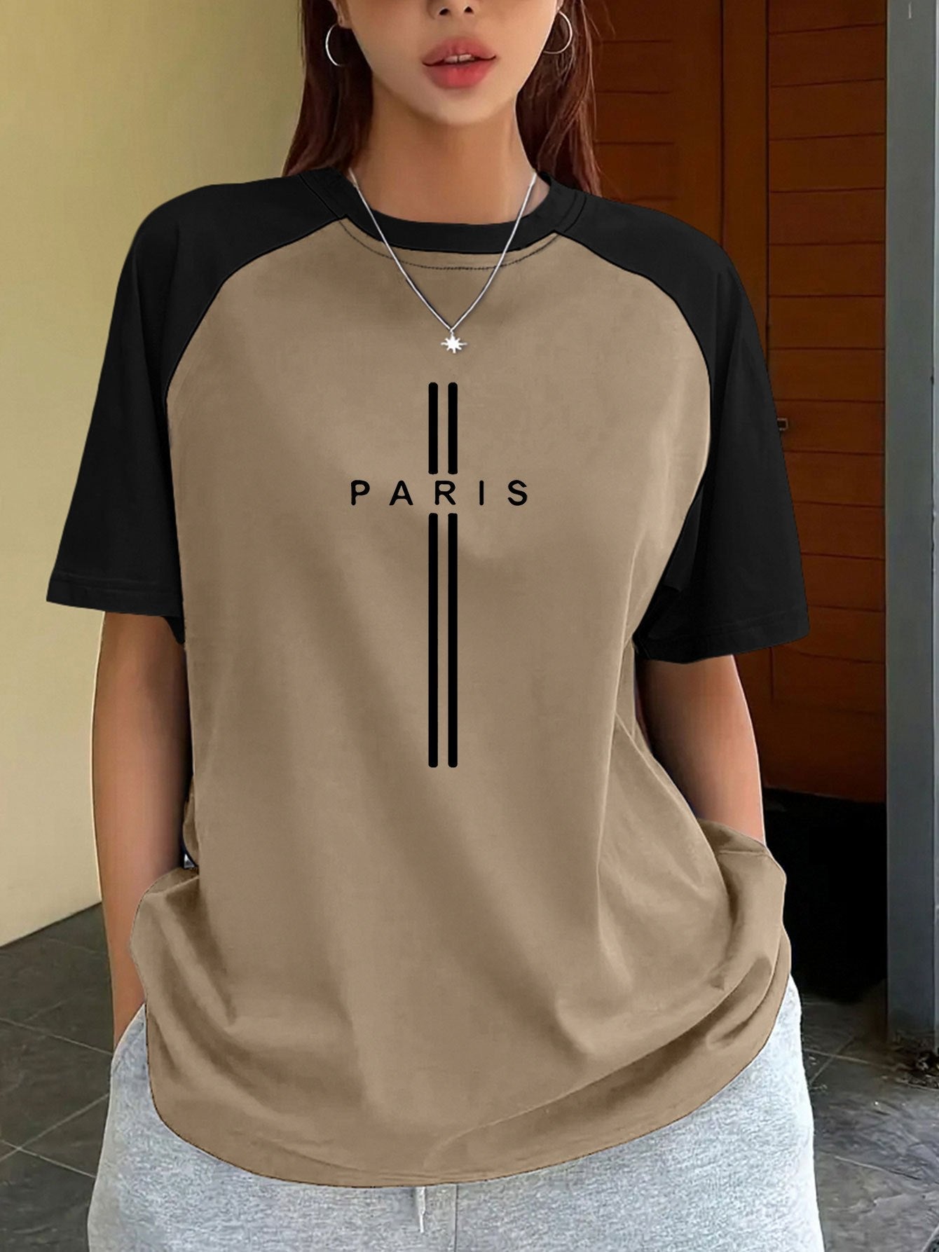Color-Block Raglan Sleeve T-Shirt with Paris Letter Print