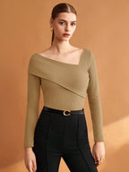 Elastic Ruched Asymmetric Neck Long Sleeve Elegant T-Shirt