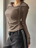 Solid Color Drawstring Hooded Long Sleeve T-Shirt