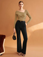 Elastic Ruched Asymmetric Neck Long Sleeve Elegant T-Shirt