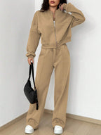 Street Style Camouflage Maple Leaf Print Zipper Sweatshirt & Pants Set