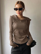 Solid Color Drawstring Hooded Long Sleeve T-Shirt