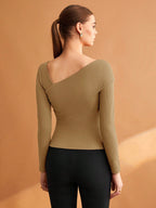 Elastic Ruched Asymmetric Neck Long Sleeve Elegant T-Shirt