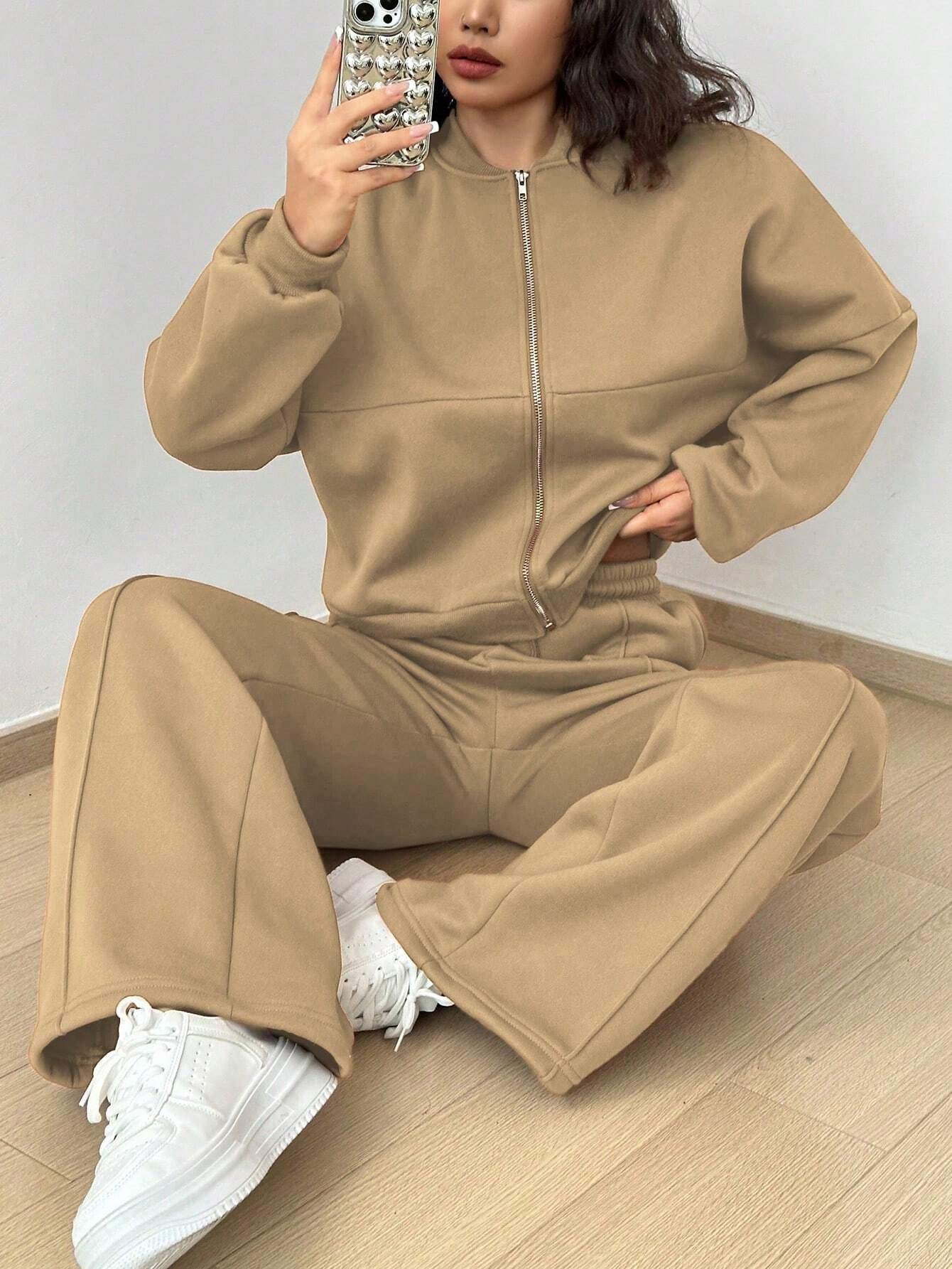 Street Style Camouflage Maple Leaf Print Zipper Sweatshirt & Pants Set
