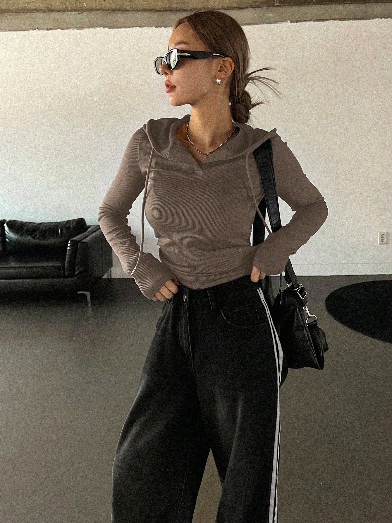 Solid Color Drawstring Hooded Long Sleeve T-Shirt