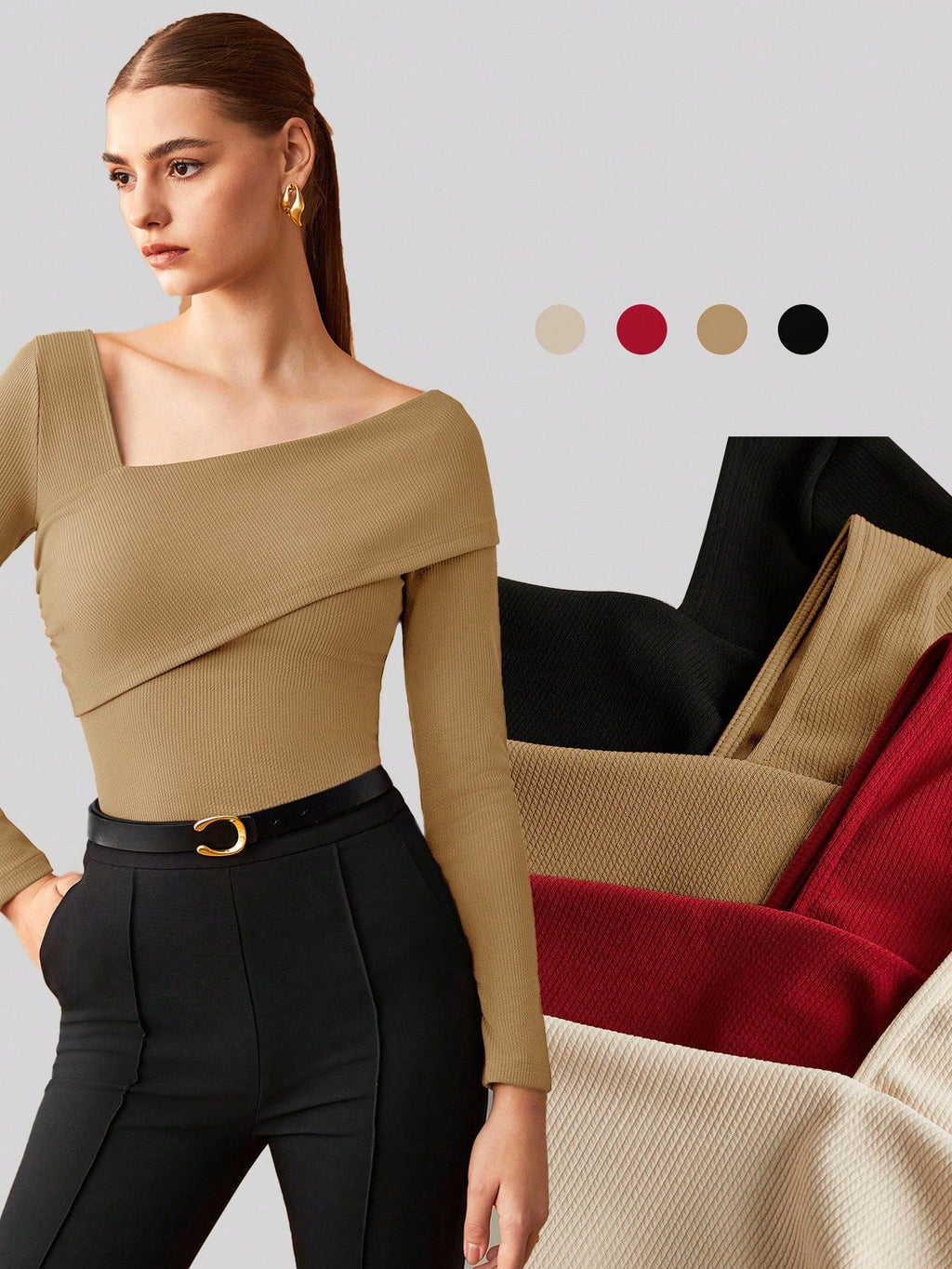 Elastic Ruched Asymmetric Neck Long Sleeve Elegant T-Shirt