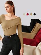 Elastic Ruched Asymmetric Neck Long Sleeve Elegant T-Shirt