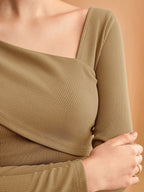 Elastic Ruched Asymmetric Neck Long Sleeve Elegant T-Shirt
