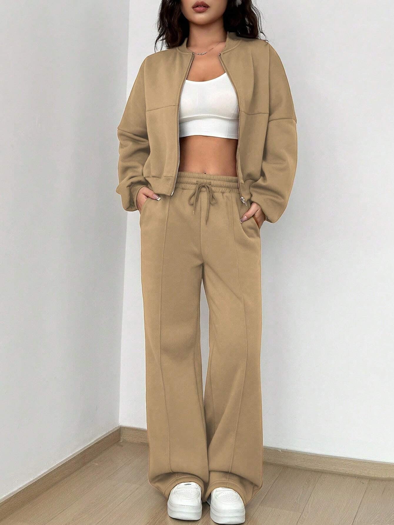 Street Style Camouflage Maple Leaf Print Zipper Sweatshirt & Pants Set