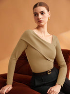 Elastic Ruched Asymmetric Neck Long Sleeve Elegant T-Shirt