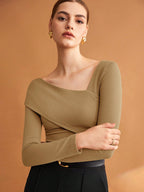 Elastic Ruched Asymmetric Neck Long Sleeve Elegant T-Shirt