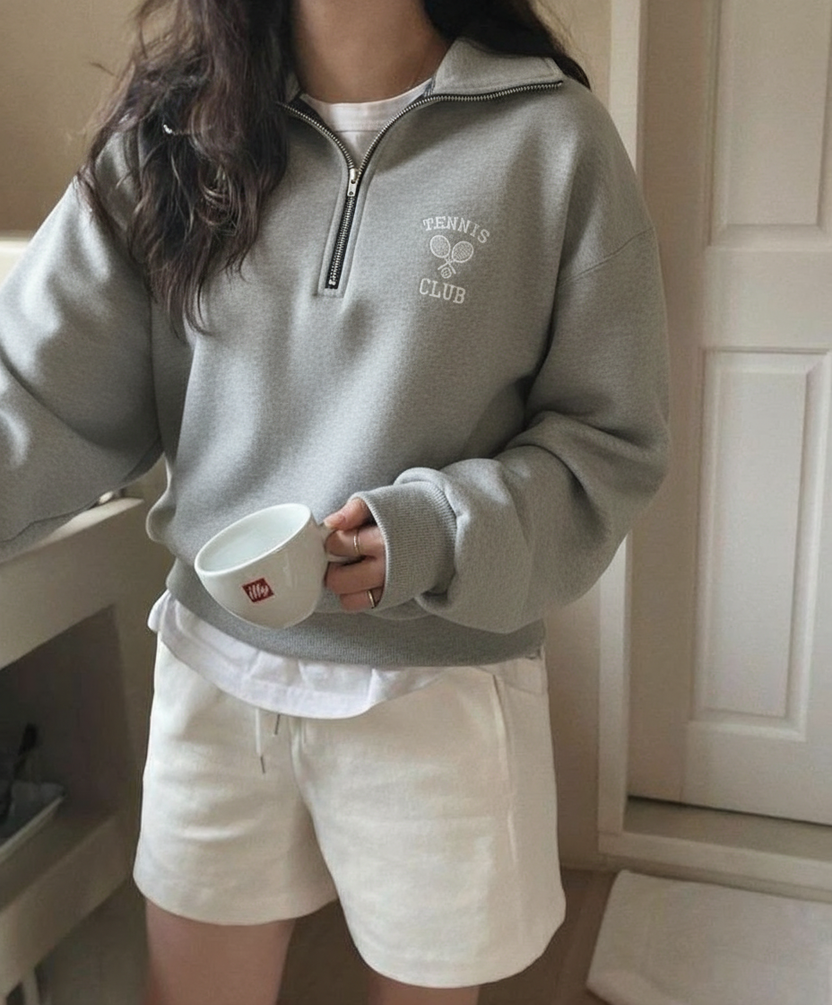 Half Zip Drop Shoulder "TENNIS CLUB" Letter Print Oversized Sweatshirt, Long Sleeve