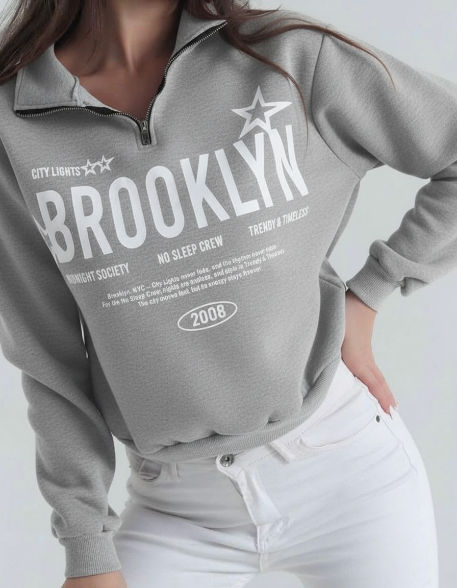 Half Zip Drop Shoulder "BROOKLYN" Letter Print Oversized Sweatshirt, Long Sleeve