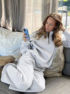 Solid Color Zipper Half Placket Dropped Shoulder Long Sleeve Sweatshirt And Loose Casual Pants 2 Pieces Set