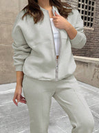 Solid Color Minimalist Hoodie Jacket Top And Straight Leg Pants, Fashion Outfit