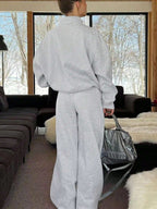 Solid Color Zipper Half Placket Dropped Shoulder Long Sleeve Sweatshirt And Loose Casual Pants 2 Pieces Set