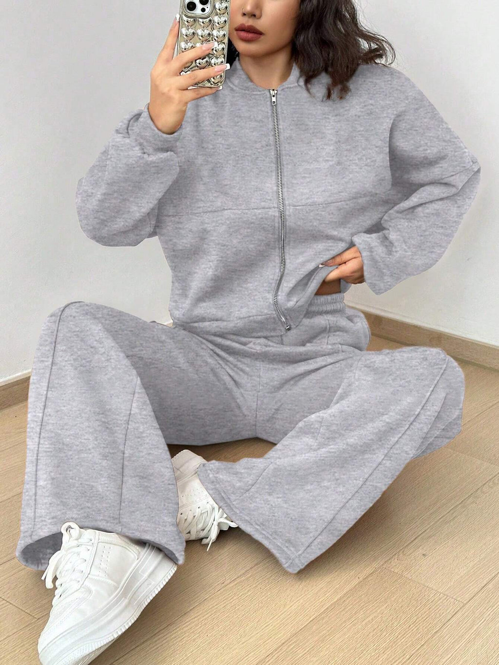 Street Style Camouflage Maple Leaf Print Zipper Sweatshirt & Pants Set