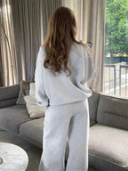 Solid Color Zipper Half Placket Dropped Shoulder Long Sleeve Sweatshirt And Loose Casual Pants 2 Pieces Set