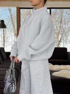 Solid Color Zipper Half Placket Dropped Shoulder Long Sleeve Sweatshirt And Loose Casual Pants 2 Pieces Set