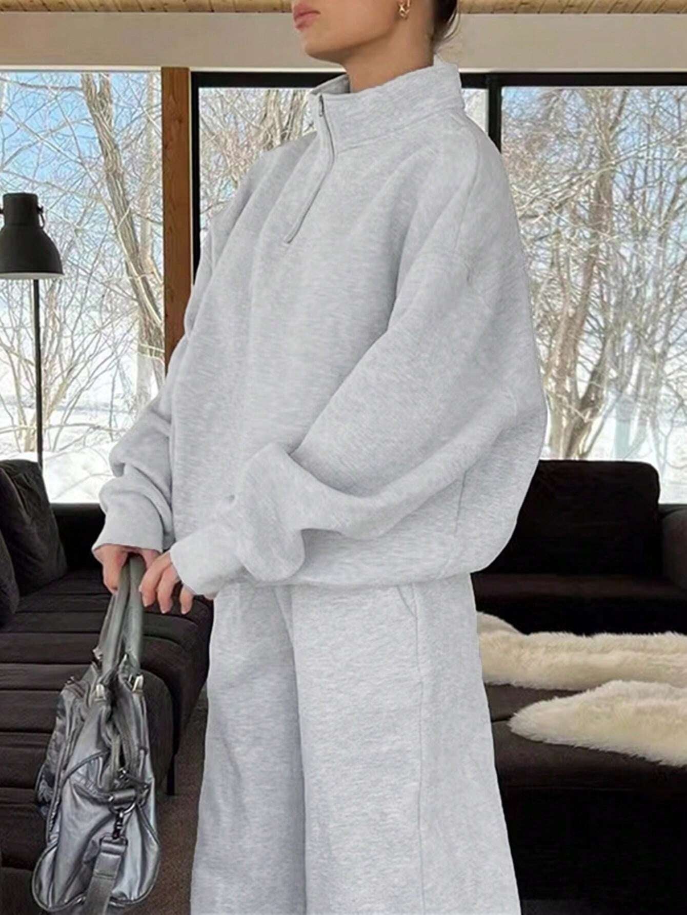 Solid Color Zipper Half Placket Dropped Shoulder Long Sleeve Sweatshirt And Loose Casual Pants 2 Pieces Set