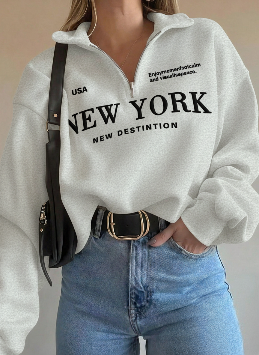 Half Zip Drop Shoulder "NEW YORK" Letter Print Oversized Sweatshirt, Long Sleeve (Copy)