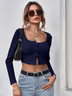 Neck Button Placket Rib-knit Tee