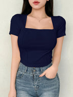 Women's Solid Color Swan Collar Short Sleeve T-Shirt