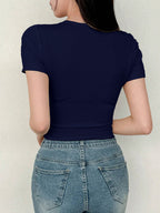 Women's Solid Color Swan Collar Short Sleeve T-Shirt