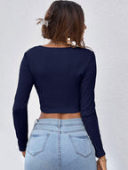Neck Button Placket Rib-knit Tee