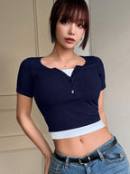 Color Block Fake Two Pieces Slim Fit Short Sleeve T-Shirt