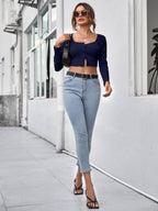 Neck Button Placket Rib-knit Tee