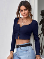 Neck Button Placket Rib-knit Tee