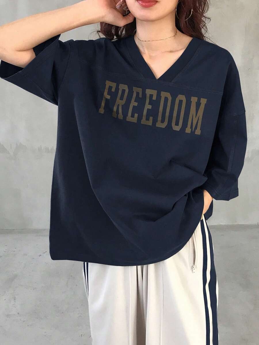 V-Neck Dropped Shoulder Short Sleeve Casual Loose Letter Print T-Shirt