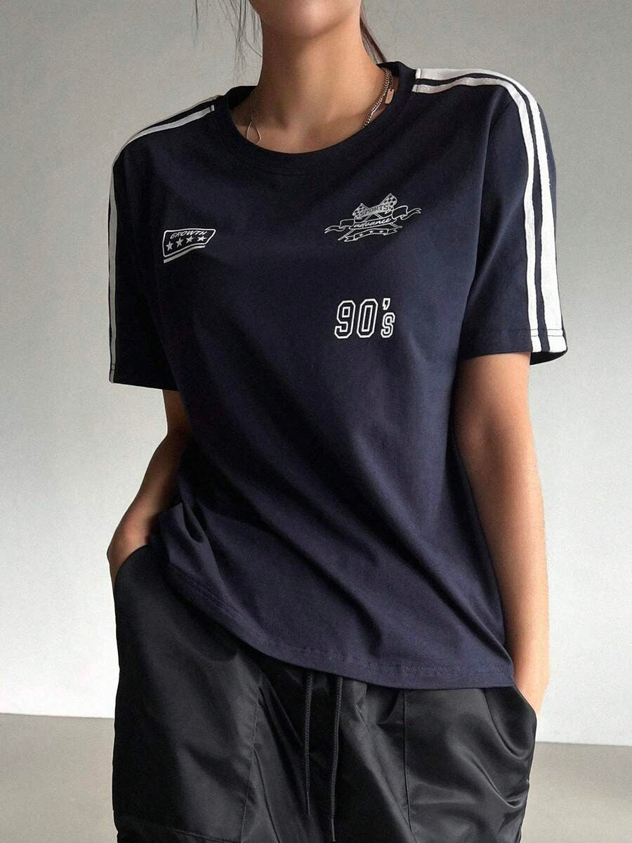 Motorcycle Style Print Colorblock Striped Detail Short Sleeve T-Shirt,Fall Clothes Preppy Tops