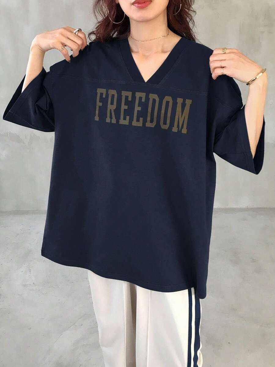 V-Neck Dropped Shoulder Short Sleeve Casual Loose Letter Print T-Shirt