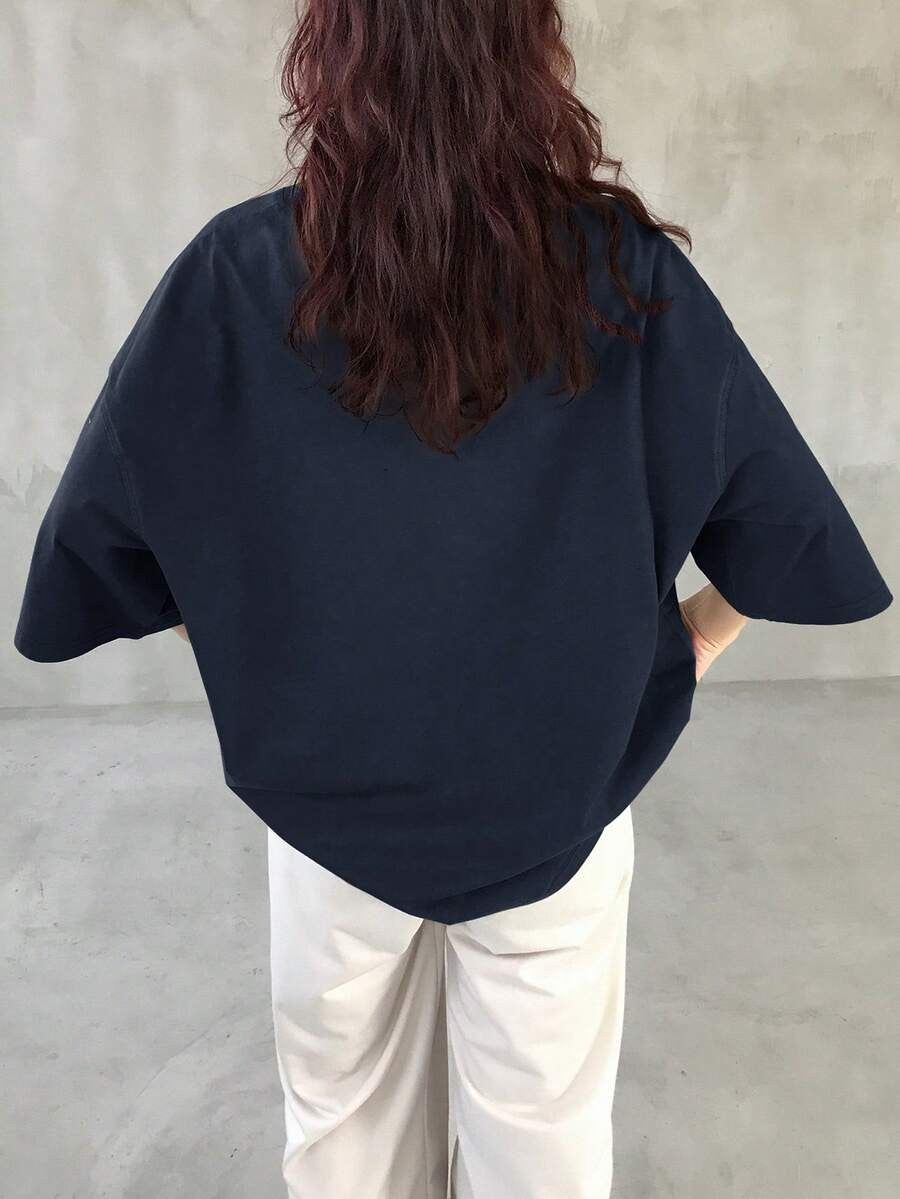 V-Neck Dropped Shoulder Short Sleeve Casual Loose Letter Print T-Shirt