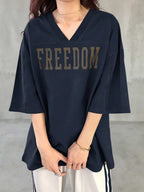 V-Neck Dropped Shoulder Short Sleeve Casual Loose Letter Print T-Shirt