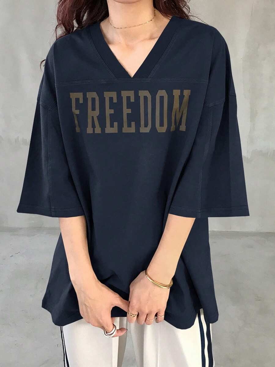 V-Neck Dropped Shoulder Short Sleeve Casual Loose Letter Print T-Shirt