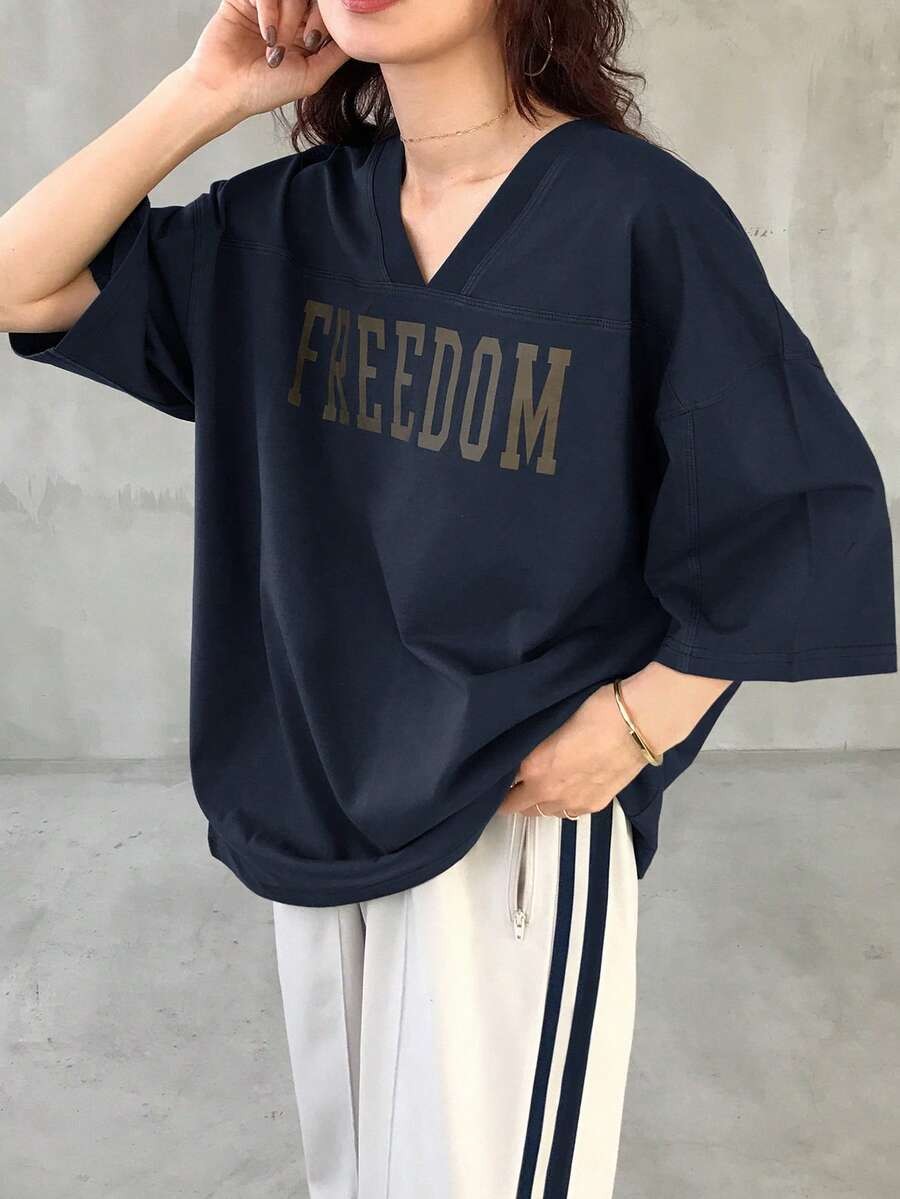 V-Neck Dropped Shoulder Short Sleeve Casual Loose Letter Print T-Shirt