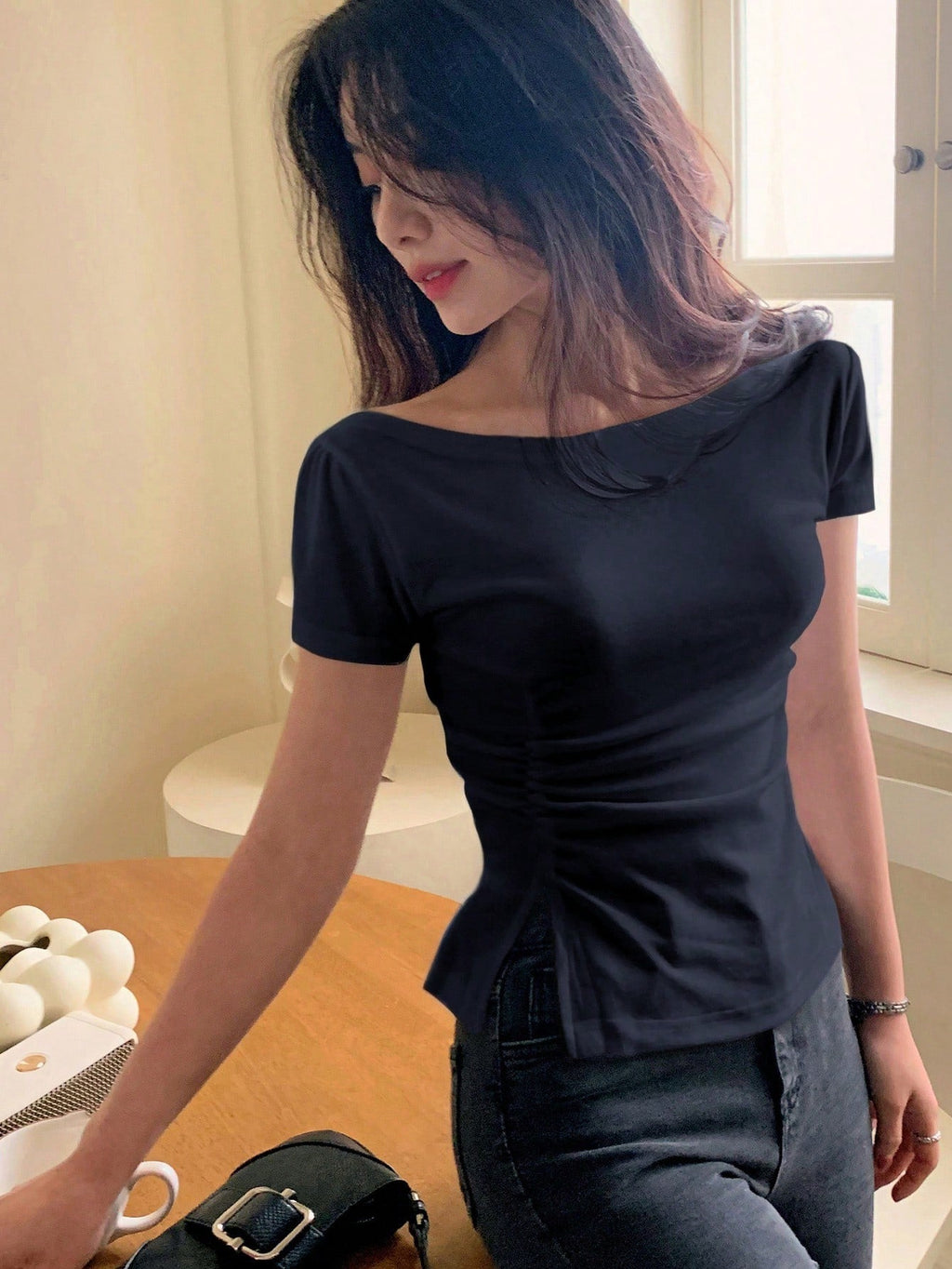 Solid Color Short Sleeve Ruched Side Split Bodycon Waist T-Shirt