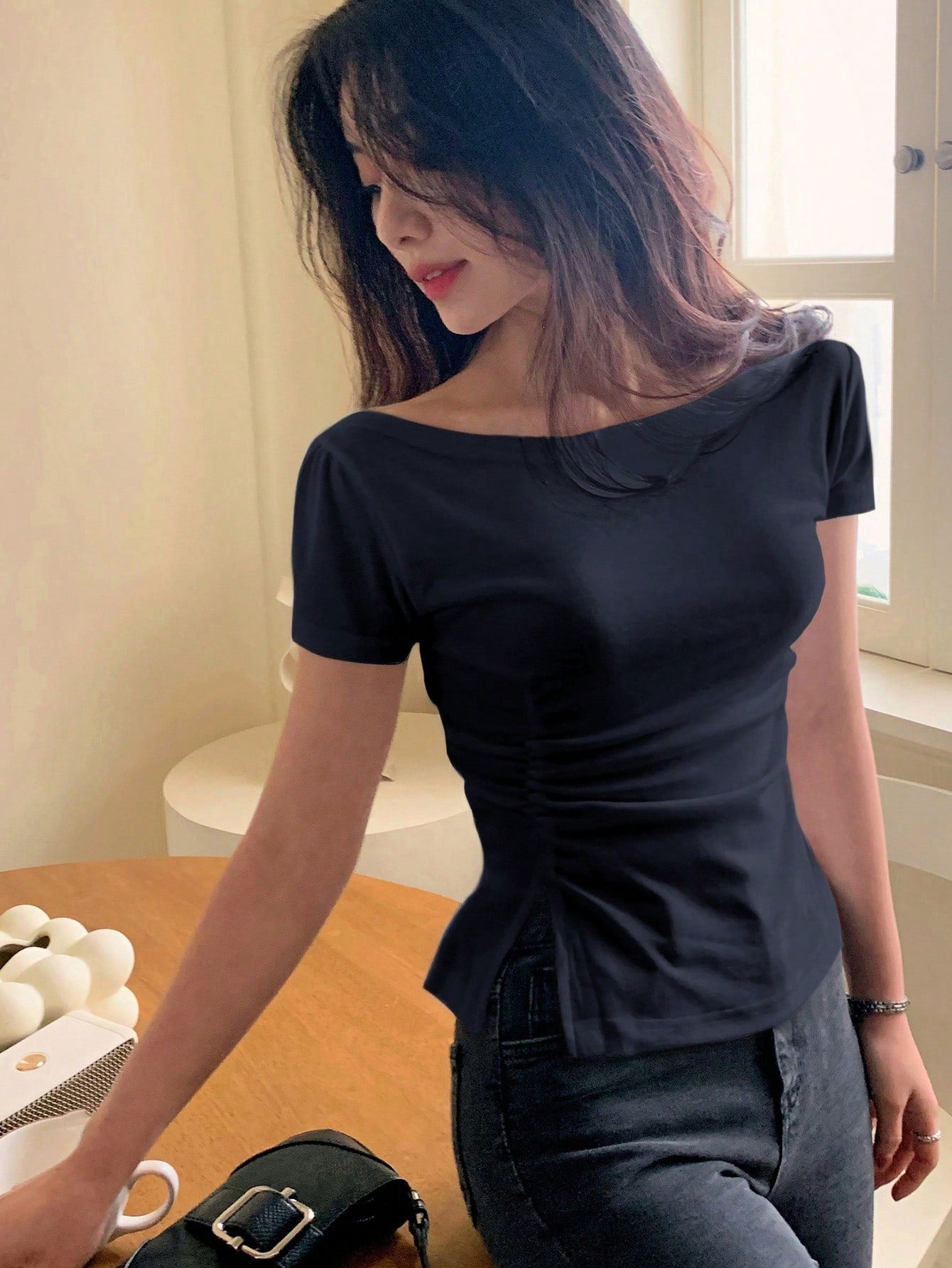 Solid Color Short Sleeve Ruched Side Split Bodycon Waist T-Shirt