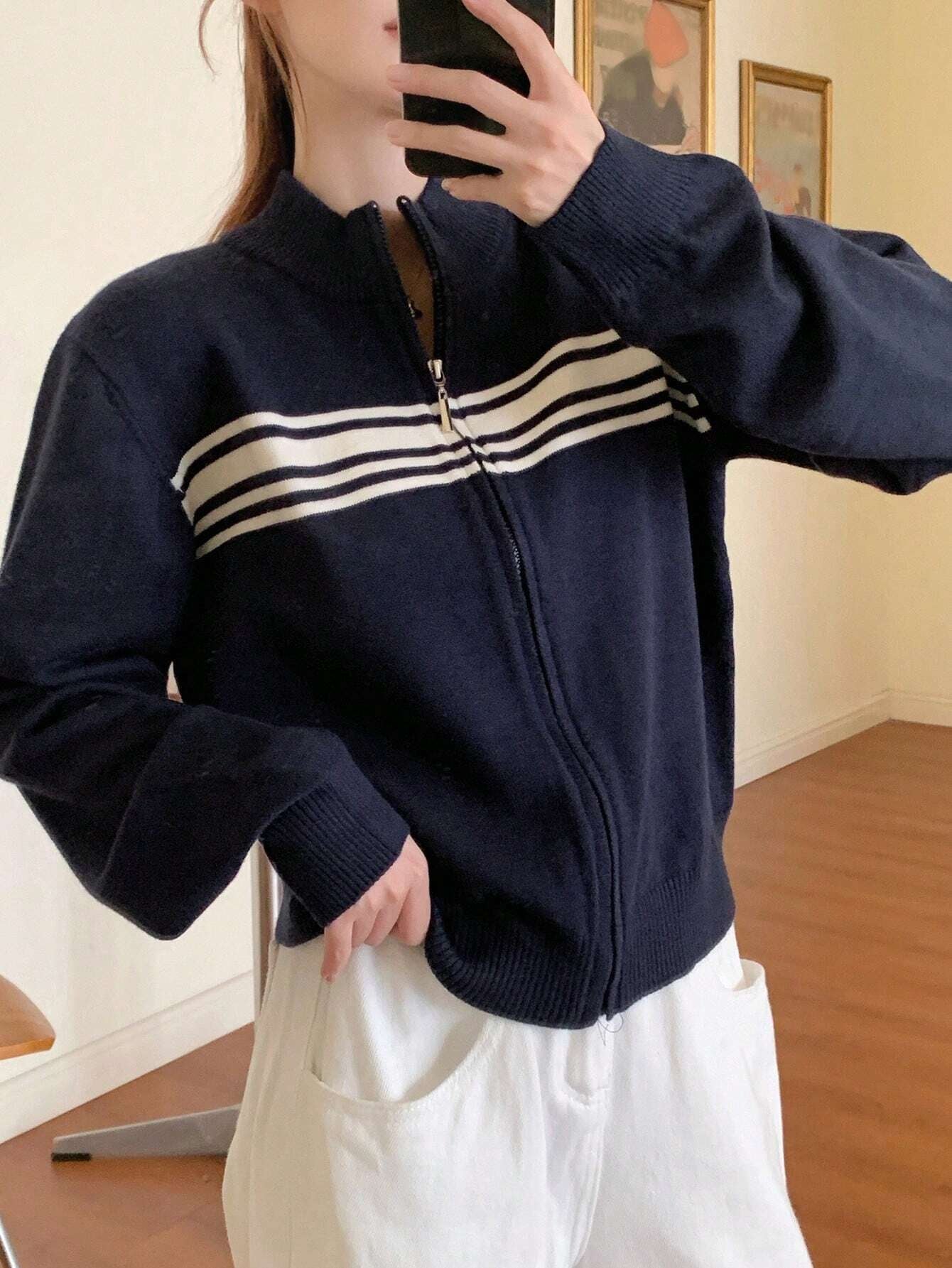 Color Block Striped High Neck Long Sleeve Zip Up Cardigan For Women,Fall Women Clothes Jacket