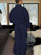 Solid Color Zipper Half Placket Dropped Shoulder Long Sleeve Sweatshirt And Loose Casual Pants 2 Pieces Set