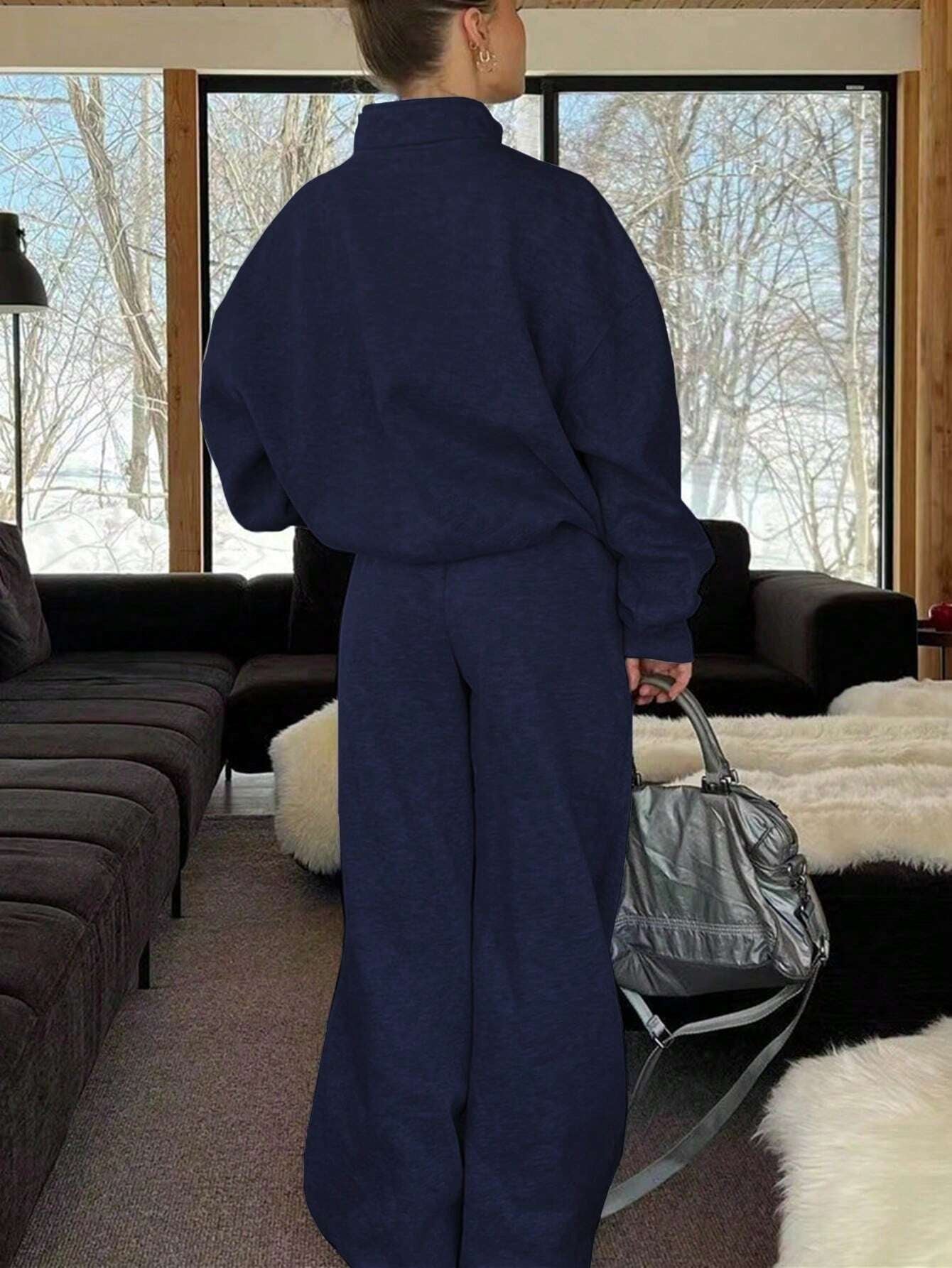 Solid Color Zipper Half Placket Dropped Shoulder Long Sleeve Sweatshirt And Loose Casual Pants 2 Pieces Set