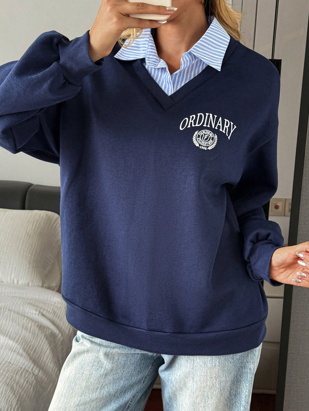 Letter & Stripe Print Patchwork Thermal Lined Sweatshirt