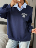 Letter & Stripe Print Patchwork Thermal Lined Sweatshirt