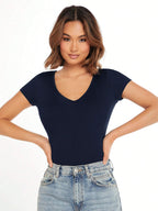 V-Neck Short Sleeve Solid Color Slim Fit Casual Tee