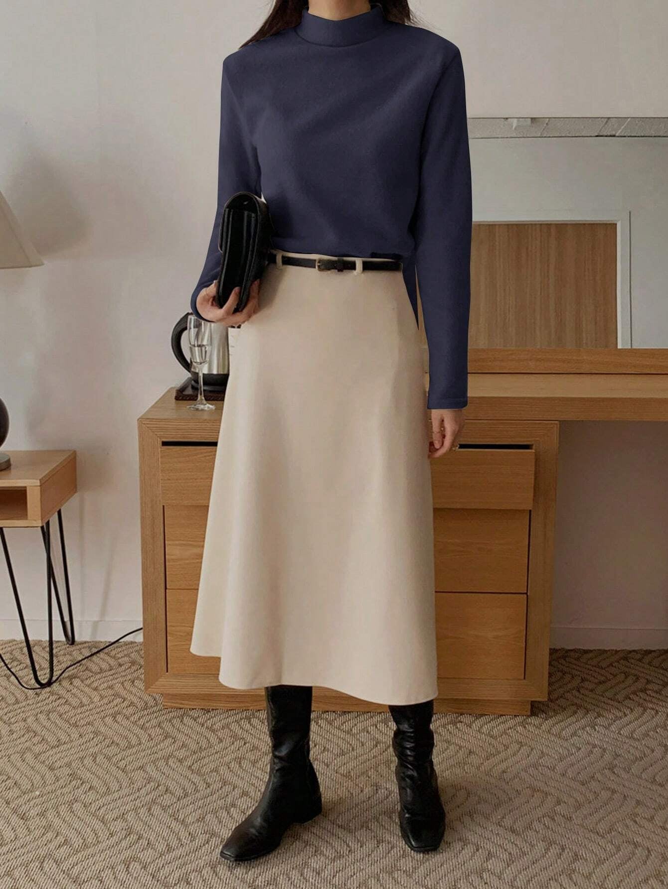 Stand Collar Solid Color T-Shirt Long Sleeve Women Tops