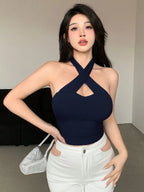 Solid Color Wrapped Halter Neck Slim Fit Tank Top Summer