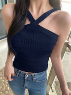 Striped Halter Neck Fitted Knit Top